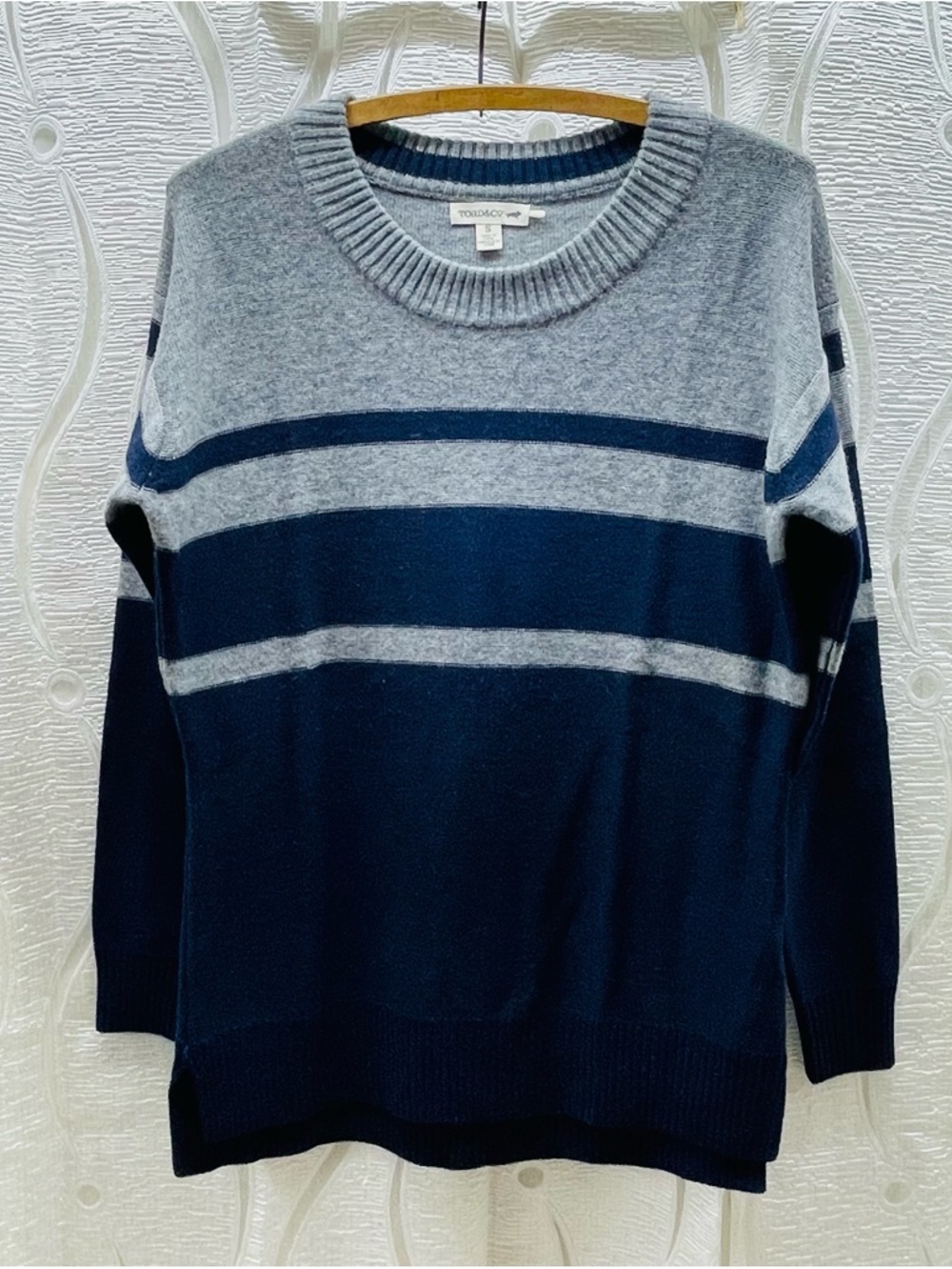Toad&Co Plateau LS Crew Sweater Womens Small Grey Navy‎ Blue Striped Lambswool